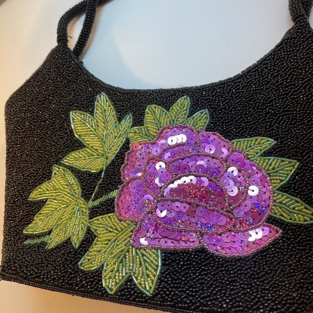 VTG Black Beaded Sequin Flower Y2K Fairy Hand Made Beaded Handbag Satin Lining